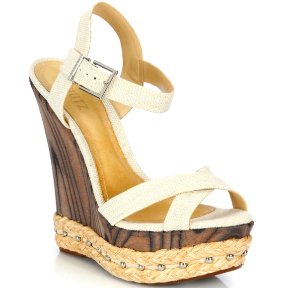 SCHUTZ Fiore Natural Tweed Platform Espadrille with Tiger Wood Covered Wedge 8 - Picture 1 of 14